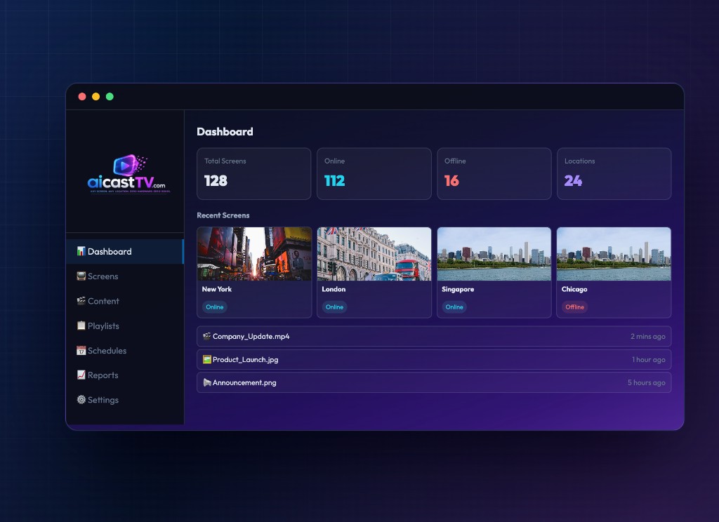 AiCastTV dashboard — screens online and recent activity